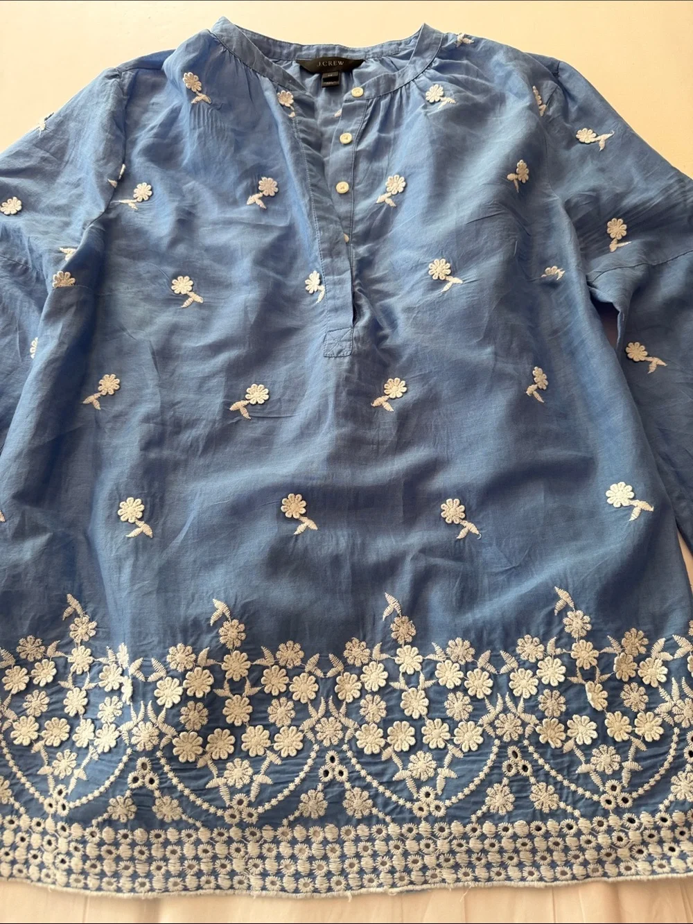 J. Crew Blue Embroidered Peasant Blouse with White Floral Detail